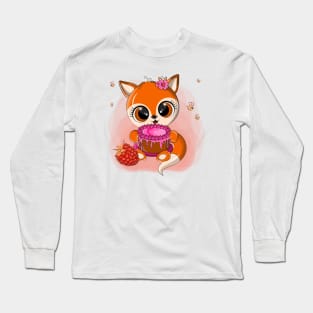 Orange fox with cake in his paws Long Sleeve T-Shirt